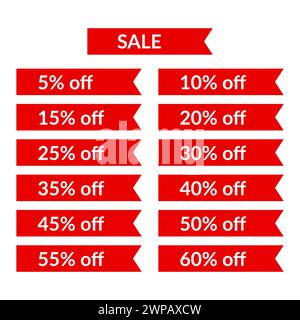 Set of red sale ribbons with different discount values. Sale label template. Vector illustration Stock Vector