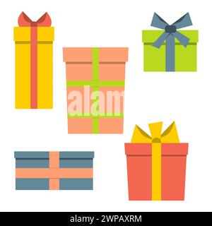 Collection of five multi colored gift boxes. Vector illustration Stock Vector