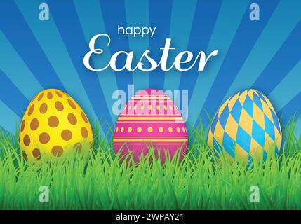 Colorful Easter eggs on green grass and inscription Happy Easter. Nature background template. Greeting Card. Vector illustration Stock Vector