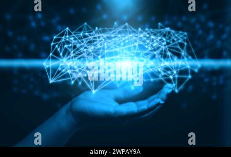 Hand holding virtual metaverse big data network web internet connections communications technology Stock Photo