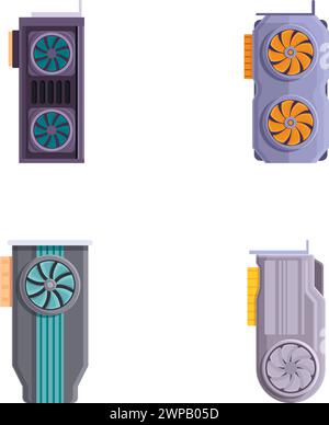 Gpu card icons set cartoon vector. Computer graphic card with cooling fan. Personal computer component Stock Vector