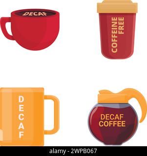 Decaf coffee icons set cartoon vector. Cup and teapot of decaf coffee. Decaffeinated drink Stock Vector