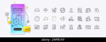 Architect plan, Lounger and Qr code line icons for web app. Pictogram icon. Phone mockup gradient screen. Vector Stock Vector