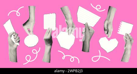 Halftone collage hands holding torn paper set vector illustration Stock Vector