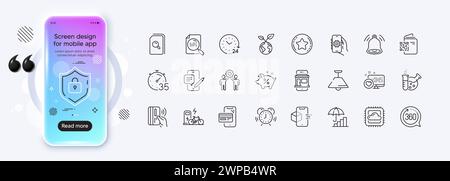 Qr code, Contactless payment and Heart line icons for web app. Pictogram icon. Phone mockup gradient screen. Vector Stock Vector