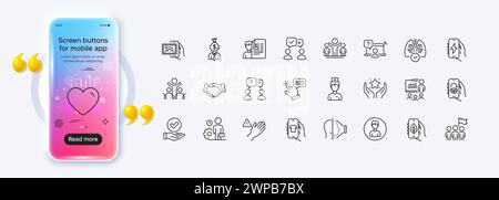 Face id, People voting and Manager line icons for web app. Pictogram icon. Phone mockup gradient screen. Vector Stock Vector