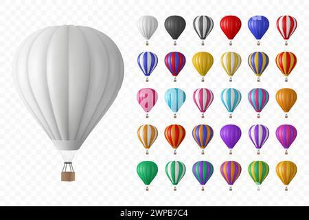 Vector 3d Realistic Hot Air Balloon Icon Set, Isolated. Vector Illustration of an Inflatable Aircraft for Travel, Flight Adventure, Front View. Hot Stock Vector