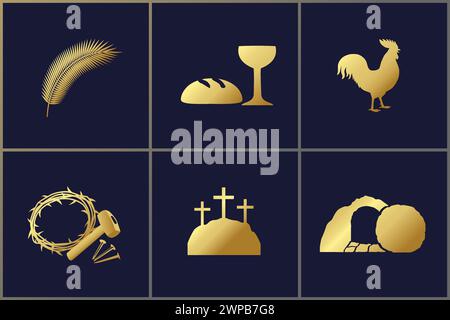 Easter christian holiday golden icon set. Icons concept for Good Friday or Easter Sunday posters, flyers or web stories. Vector illustration Stock Vector