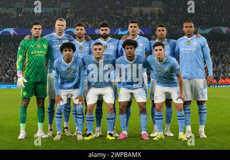 Manchester City players, back row, left to right, Ederson, Erling Haaland, Ruben Dias, Josko Gvardiol, Rodri, Matheus Nunes and Manuel Akanji. Front row, left to right, Rico Lewis, Mateo Kovacic, Oscar Bobb and Julian Alvarez line up before the UEFA Champions League round of 16, second leg match at the Etihad Stadium, Manchester. Picture date: Wednesday March 6, 2024. Stock Photo