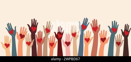 Raised hands of volunteer people holding a heart. People diversity. Charitable and donation. Support and assistance. Multicultural community. NGO. Aid Stock Vector