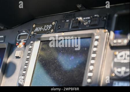 A MH-139A Grey Wolf emblem pictured inside the cockpit of the aircraft at Duke Field, Florida, on Feb. 21, 2024. The name Grey Wolf derives from the wild species that roams the northern tier of North America, which also encompasses the intercontinental ballistic missile bases in Air Force Global Strike Command. (U.S. Air Force photo by Senior Airman Breanna Christopher Volkmar) Stock Photo