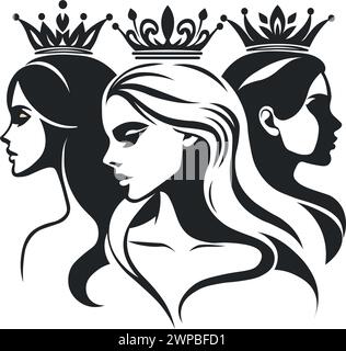 Vector black and white illustration, portrait of three girls with crowns over their heads for Women's Day or Mother's Day Stock Vector