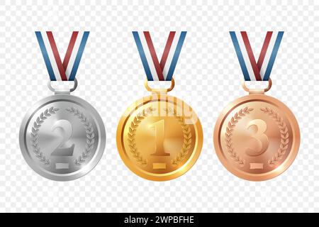 Vector Realistic Golden, Silver, Bronze Award Medal Icon Set, Closeup, Isolated. First, Second, Third Place Prizes. Design Template for Sport Stock Vector