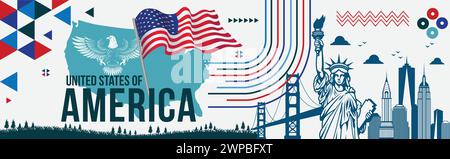 USA independence day banner 4th july with USA National Flag, USA National Eagle, statue of liberty, landmarks, USA Map Vector Illustration United Stat Stock Vector