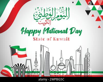 National Day of Kuwait, Kuwait national day 25 February Banner with Arabic calligraphy name, famous Buildings, Kuwaiti flag theme Stock Vector