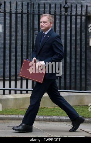London, UK. 06th Mar, 2024. Secretary of State for Defence Grant Shapps arrives for a Cabinet meeting at 10 Downing Street in London. Credit: SOPA Images Limited/Alamy Live News Stock Photo