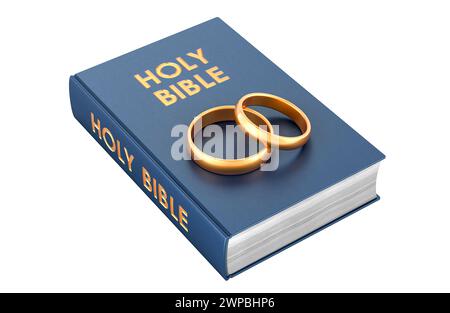 Holy bible with golden wedding rings, 3D rendering isolated on white background Stock Photo
