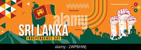 Sri lanka national day banner for independence day with Text, srilankan flag theme colorful icons and nature landscape, Abstract geometric banner Stock Vector