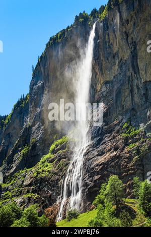 waterfall Staubbachfall, Staubbach falls, in valley Lauterbrunnental, Switzerland, Bernese Oberland Stock Photo