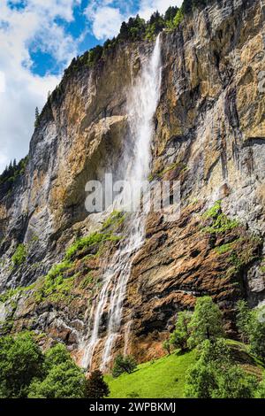 waterfall Staubbachfall, Staubbach falls, in valley Lauterbrunnental, Switzerland, Bernese Oberland Stock Photo