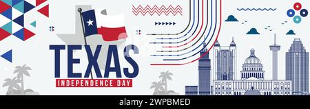 Texas Independence Day banner with famous Buildings, Texas Waving flag theme Geometric Abstract design Map with Landmarks, Independence Day Stock Vector