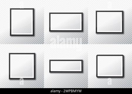 Six realistic photo frame isolated on transparent background, empty picture frame, vector frame photo Stock Vector
