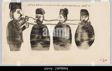 Caricatures of old dignitaries Abdülhamid II sitting in barrels;  around 1908 (1903-00-00-1912-00-00);Semerau-Siemianowski, Władysław (1849-1938), Semerau-Siemianowski, Władysław (1849-1938)-collection, gift (provenance), occasional prints, Islamic art, Turkish art, leaflets Stock Photo