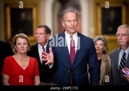 United States Senate Minority Whip John Thune (Republican of South Dakota) offers remarks during a press conference following the Senate Republican policy luncheon in the Ohio Clock corridor at the United States Capitol in Washington, DC, Wednesday, March 6, 2024. Credit: Rod Lamkey/CNP Stock Photo