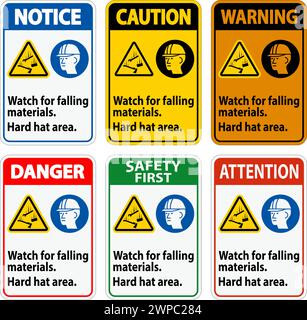Warning Sign, Watch For Falling Materials, Hard Hat Area Stock Vector