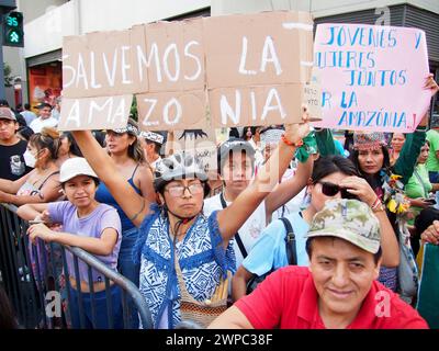 Lima, Peru. 06th Mar, 2024. 'Save the Amazon' can be read on a sign when dozens of demonstrators and environmentalists protest in front of the Peruvian Congress, for the recent modifications to the forestry law that would facilitate the deforestation of the Amazon and illegal logging Credit: Fotoholica Press Agency/Alamy Live News Stock Photo