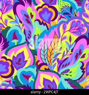Colorful seamless pattern with chaotic floral and psychedelic abstract elements. Vector illustration. Stock Vector