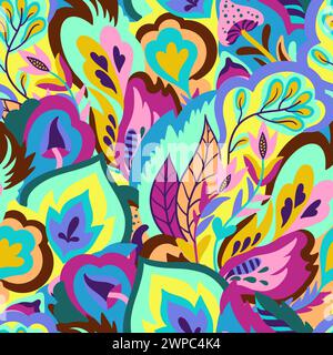Colorful seamless pattern with chaotic floral and psychedelic abstract elements. Vector illustration. Stock Vector