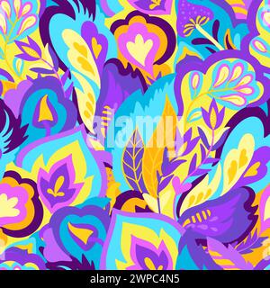 Colorful seamless pattern with chaotic floral and psychedelic abstract elements. Vector illustration. Stock Vector