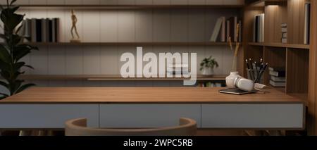 A wooden desk with presentation space for displaying products in a cozy, minimalist home office features wall bookshelves. 3d render, 3d illustration Stock Photo