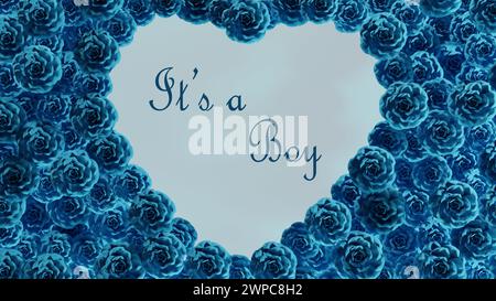 Its a boy text isolated on heart shaped blue roses background 8k illustration. Stock Photo