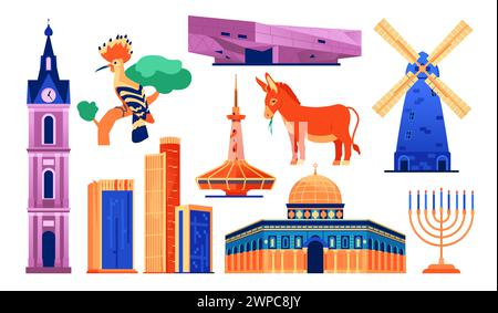 Israel National Values - flat design style objects set. High quality images of Jaffa clock tower, Eilat Underwater Observatory, Tel Aviv Museum of Fin Stock Vector