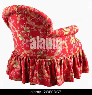 Upholstered arm chair red floral pattern back view with clipping path. Stock Photo