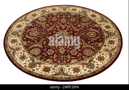 Round wool rug red and gold pattern with clipping path. Stock Photo