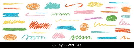 Crayon brush underline color stroke. Chalk kid highlight scribble stroke. Vector hand drawn brush underline element set for accent, crayon texture emphasis element. Rough chalk vector illustration Stock Vector