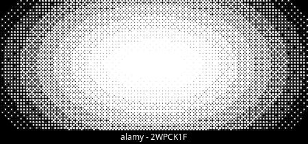 Radial pixelated gradient texture. Black and white dithered oval gradation. Retro ellipse bitmap video game background. Halftone 8 bit wallpaper. Vintage circular pixel art. Vector overlay backdrop Stock Vector