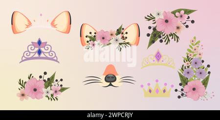 Fox face elements set cartoon flat design ears and noses vector illustration isolated. Fox mask filter with flower crown. Stock Vector