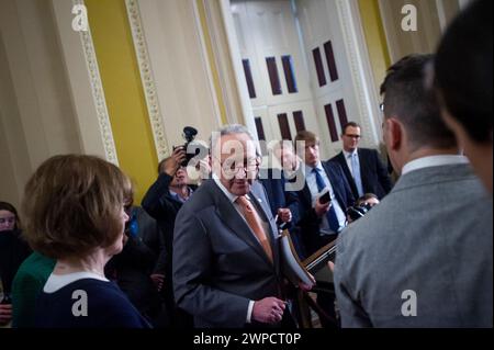 Washington, United States. 06th Mar, 2024. United States Senate Majority Leader Chuck Schumer (Democrat of New York) departs a press conference following the Senate Democrat policy luncheon in the Ohio Clock corridor at the United States Capitol in Washington, DC, USA, Wednesday, March 6, 2024. Photo by Rod Lamkey/CNP/ABACAPRESS.COM Credit: Abaca Press/Alamy Live News Stock Photo