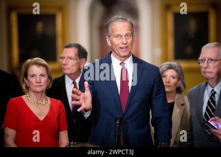 Washington, United States. 06th Mar, 2024. United States Senate Minority Whip John Thune (Republican of South Dakota) offers remarks during a press conference following the Senate Republican policy luncheon in the Ohio Clock corridor at the United States Capitol in Washington, DC, USA, Wednesday, March 6, 2024. Photo by Rod Lamkey/CNP/ABACAPRESS.COM Credit: Abaca Press/Alamy Live News Stock Photo