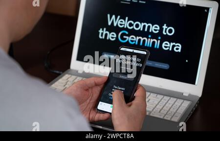 Seoul, South Korea - March 6, 2024 : A man using Google Geminai service. Stock Photo