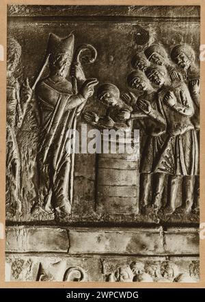 Relief fragment from Gniezno Basilica showing the Assumption of Mary and Saint Wojciech baptizing Prussians, dated before 1930. Stock Photo