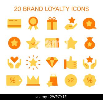 Brand Loyalty Icon Set. Encapsulating customer rewards, quality service, and exclusive benefits. Celebrating consumer engagement and repeat business. Flat vector illustration Stock Vector