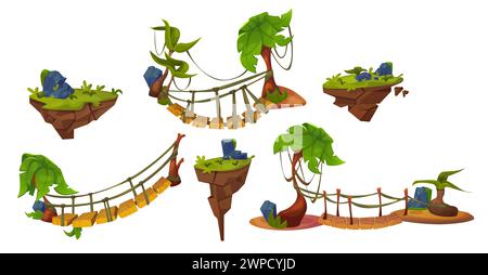 Game level map ui design asset kit - floating ground platform with green grass and stones, suspension old bridge with rope and palm trees. Cartoon vector set of footbridge and island for jump and walk Stock Vector