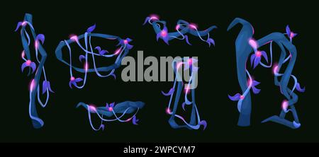 Night forest liana vines isolated on black background. Vector cartoon illustration of exotic tropical tree branches, dark leaves, neon pink flowers glowing on curvy stems, magic wood design elements Stock Vector