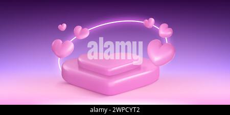 Pink heart shape product podium with neon glowing circle and floating romance and love symbols on gradient background. Realistic vector illustration minimal goods display platform composition. Stock Vector