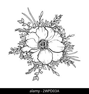 Anemone flower with eucalyptus branches and grass Stock Vector